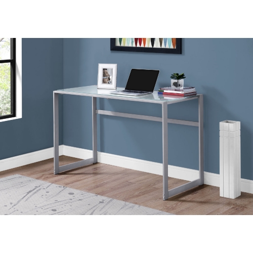 48" Computer Desk in Silver Metal & White Tempered Glass